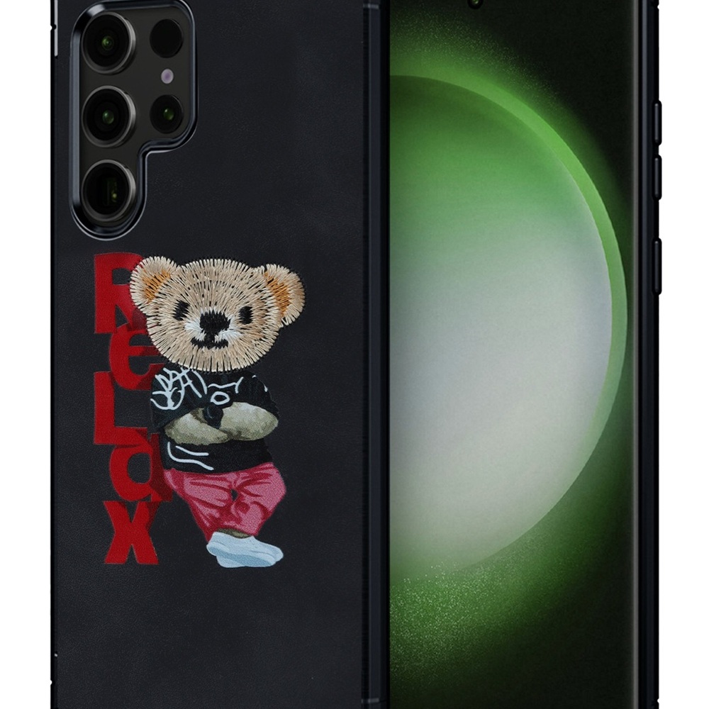 Galaxy S25 Ultra Phone Case - 3D Cute RELAX BEAR Embroidered Black Accessories